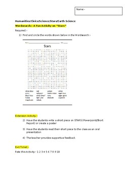 Preview of A Fun Wordsearch on "STARS" and an associated extension activity