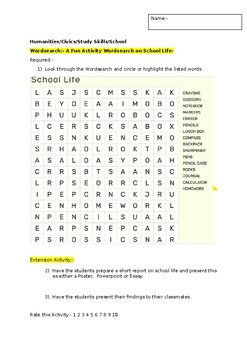 Preview of A Fun Wordsearch on School Life and an associated extension activity