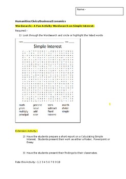 Preview of A Fun Wordsearch on Simple Interest and an associated extension activity