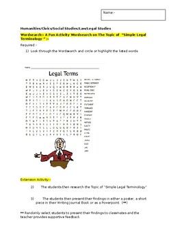 Preview of A Fun Wordsearch on "Simple Legal Studies Terminology" and an extension task