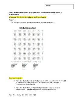Preview of A Fun Wordsearch on "Skill Acquisition" and an associated extension task