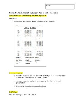 Preview of A Fun Wordsearch on "Social Justice" and an associated extension activity