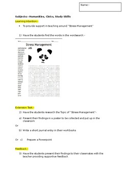 Preview of A Fun Wordsearch on Stress Management and an associated extension activity