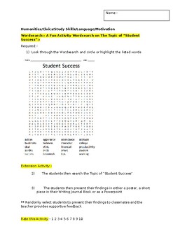 Preview of A Fun Wordsearch on Student Success and an associated extension activity