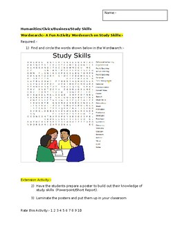 Preview of A Fun Wordsearch on Study Skills and an extension activity
