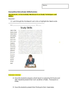 Preview of A Fun Wordsearch on Study Tips and Techniques and an extension activity