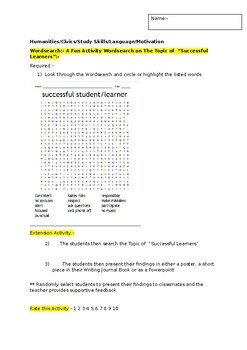 Preview of A Fun Wordsearch on Successful Learners and an associated extension task