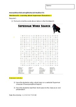 Preview of A Fun Wordsearch on Superman Characters and an extended activity