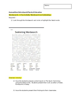 Preview of A Fun Wordsearch on Swimming and an associated extension activity