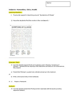 Preview of A Fun Wordsearch on Symptoms of Illness and an associated extension task