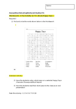 Preview of A Fun Wordsearch on T.V. Show Happy Days and an extension activity