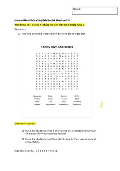 Preview of A Fun Wordsearch on T.V. sitcom Family Guy and an extension activity