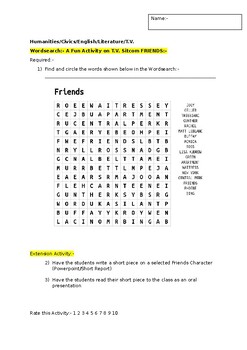 Preview of A Fun Wordsearch on T.V. sitcom Friends and an associated extension task