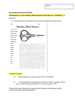 Preview of A Fun Wordsearch on "TEXTILES" and an associated extension activity
