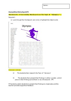 Preview of A Fun Wordsearch on "THE OLYMPICS" and an associated extension activity