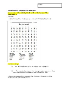 Preview of A Fun Wordsearch on "THE SUPERBOWL" and an associated extension task
