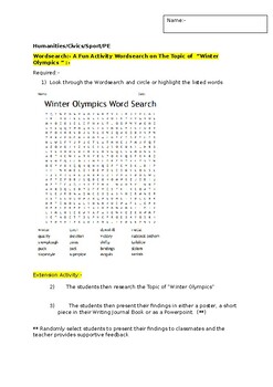 Preview of A Fun Wordsearch on "THE WINTER OLYMPICS" and an extension activity