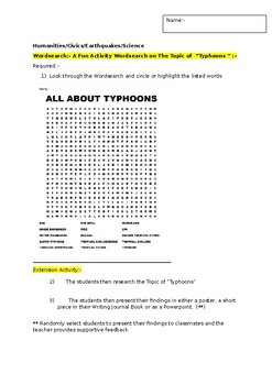 Preview of A Fun Wordsearch on "TYPHOONS" and an associated extension activity