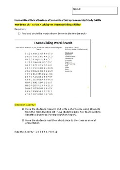 Preview of A Fun Wordsearch on Team Building Skills and an associated extension task