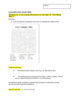 Preview of A Fun Wordsearch on "Test Taking Tips" and an associated extension task