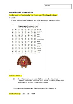 Preview of A Fun Wordsearch on Thanksgiving Day and an associated extension activity