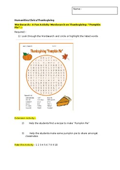 Preview of A Fun Wordsearch on Thanksgiving and an associated extension activity