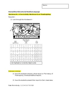 Preview of A Fun Wordsearch on Thanksgiving and an extension activity