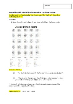 Preview of A Fun Wordsearch on The American Justice System and an extension activity