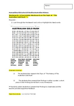 Preview of A Fun Wordsearch on The Australian Gold Rush and an extension activity