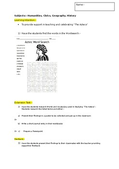 Preview of A Fun Wordsearch on "The Aztecs" and an associated extension activity