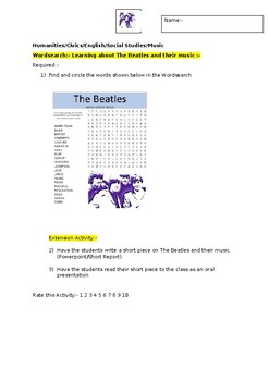 Preview of A Fun Wordsearch on The Beatles and an associated extension activity