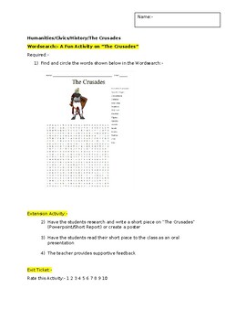 Preview of A Fun Wordsearch on "The Crusades" and an extension activity