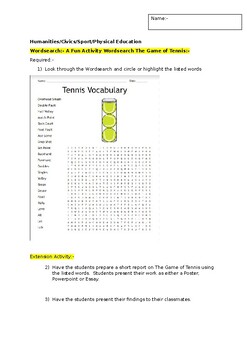Preview of A Fun Wordsearch on The Game of tennis and an associated extension task