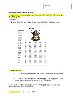 Preview of A Fun Wordsearch on The History of the Vikings and an associated extension task