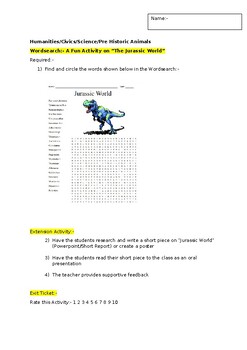 Preview of A Fun Wordsearch on "The Jurassic World" and an associated extension activity