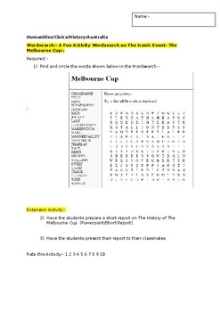 Preview of A Fun Wordsearch on The Melbourne Cup and an extension activity