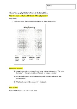 Preview of A Fun Wordsearch on "The Ming Dynasty" and an associated extension activity