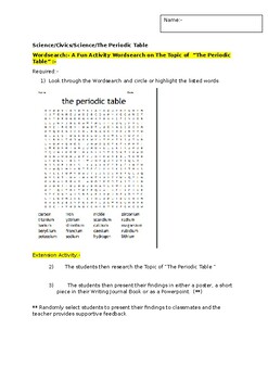 Preview of A Fun Wordsearch on "The Periodic Table" and an associated extension task