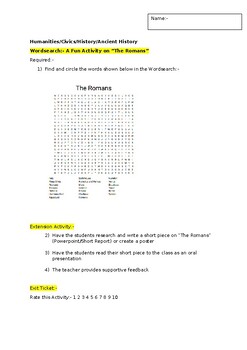 Preview of A Fun Wordsearch on "The Romans" and an associated extension activity