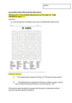 Preview of A Fun Wordsearch on The San Fransisco 49ers and an associated extension task