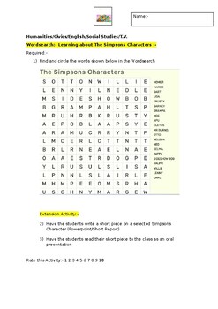 Preview of A Fun Wordsearch on The Simpsons T.V. Show and an extension activity