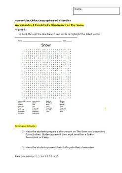 Preview of A Fun Wordsearch on The Snow (and related activities) and an extension activity