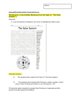 Preview of A Fun Wordsearch on "The Solar System" and an associated extension task