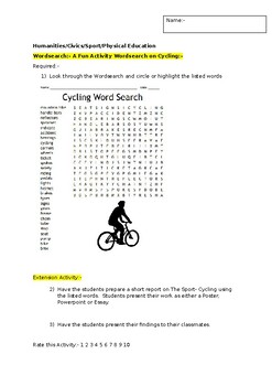 Preview of A Fun Wordsearch on The Sport of Cycling and an associated extension activity