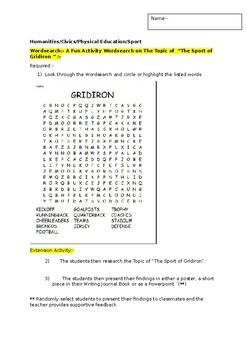 Preview of A Fun Wordsearch on The Sport of Gridiron and an associated extension activity