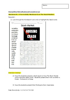 Preview of A Fun Wordsearch on The Stock Market and an associated extension activity