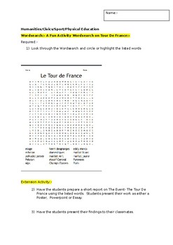 Preview of A Fun Wordsearch on The Tour De France and an associated extension activity