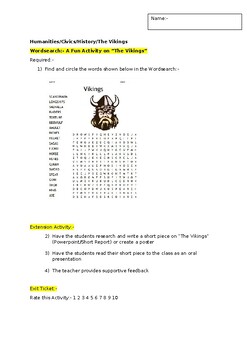 Preview of A Fun Wordsearch on "The Vikings" and an associated extension activity