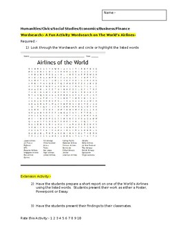 Preview of A Fun Wordsearch on The World's Airlines and an extension activity