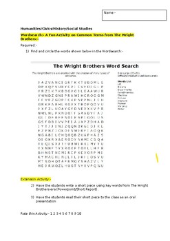 Preview of A Fun Wordsearch on The Wright Brothers and an associated extension activity